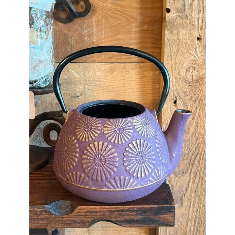 Cast Iron Purple & Gold Floral Teapot Kettle – Missing Lid